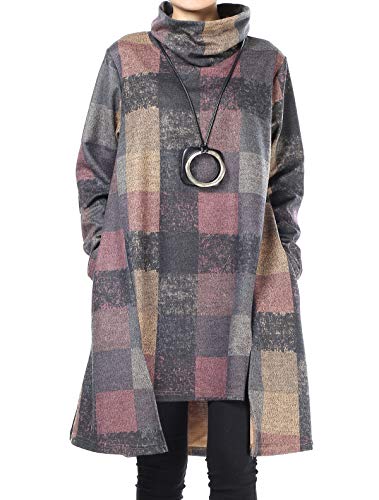 FTCayanz Damen Rollkragen Tunika Kleid Vintage Langarm Kariert Shirt A-Linie Pullover Oberteile mit Taschen Lila L von FTCayanz