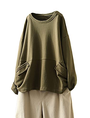 FTCayanz Damen Sweatshirt Pullover Langarm Oberteile Oversize Langarmshirt Tunika Tops mit Taschen Armeegrün L von FTCayanz