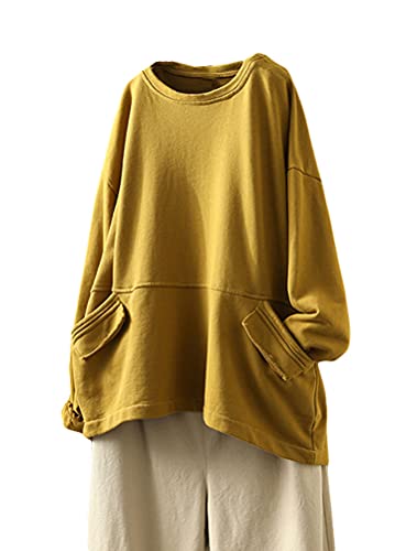 FTCayanz Damen Sweatshirt Pullover Langarm Oberteile Oversize Langarmshirt Tunika Tops mit Taschen Gelb L von FTCayanz