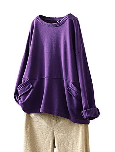 FTCayanz Damen Sweatshirt Pullover Langarm Oberteile Oversize Langarmshirt Tunika Tops mit Taschen Lila M von FTCayanz