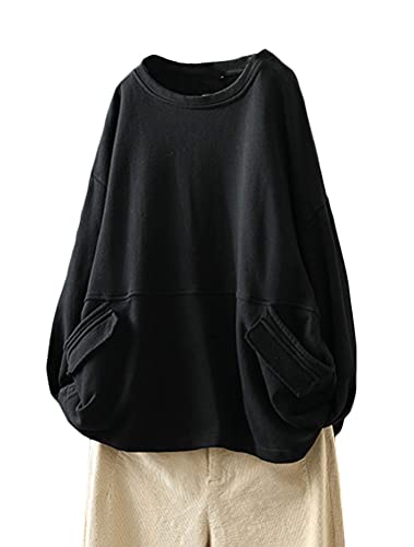 FTCayanz Damen Sweatshirt Pullover Langarm Oberteile Oversize Langarmshirt Tunika Tops mit Taschen Schwarz L von FTCayanz