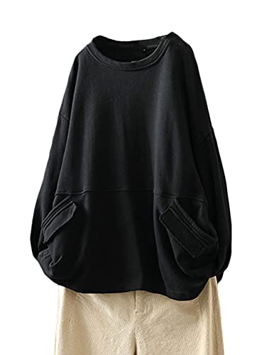 FTCayanz Damen Sweatshirt Pullover Langarm Oberteile Oversize Langarmshirt Tunika Tops mit Taschen Schwarz M von FTCayanz
