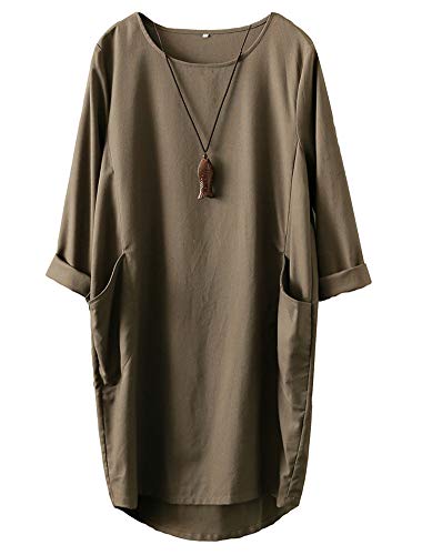 FTCayanz Damen T-Shirt Tunika Kleid Langes Leinenkleider Elegant Langarm Blusenkleid Mini Kleider Armeegrün XL von FTCayanz