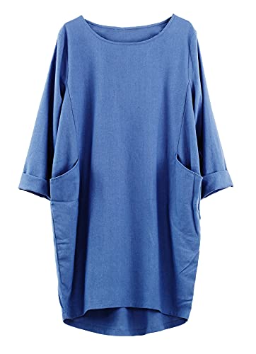 FTCayanz Damen T-Shirt Tunika Kleid Langes Leinenkleider Elegant Langarm Blusenkleid Mini Kleider Blau XXL von FTCayanz