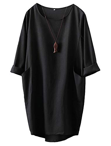 FTCayanz Damen T-Shirt Tunika Kleid Langes Leinenkleider Elegant Langarm Blusenkleid Mini Kleider Schwarz L von FTCayanz