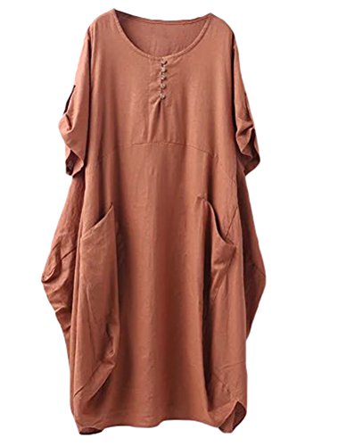 FTCayanz Damen Tunika Kleider Sommer Kurzarm Leinenkleider Boho Lang Sommerkleider Große Größen Braun 3XL von FTCayanz