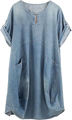 FTCayanz Damen Tunika Kleider Sommer Kurzarm Leinenkleider Boho Lang Sommerkleider Große Größen Light Denim Blue XL von FTCayanz