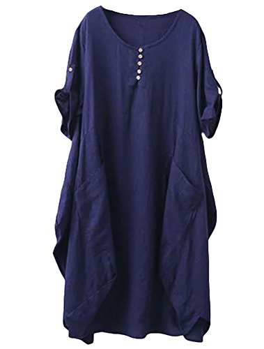 FTCayanz Damen Tunika Kleider Sommer Kurzarm Leinenkleider Boho Lang Sommerkleider Große Größen Marine 3XL von FTCayanz