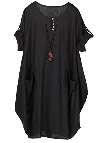 FTCayanz Damen Tunika Kleider Sommer Kurzarm Leinenkleider Boho Lang Sommerkleider Große Größen Schwarz 3XL von FTCayanz