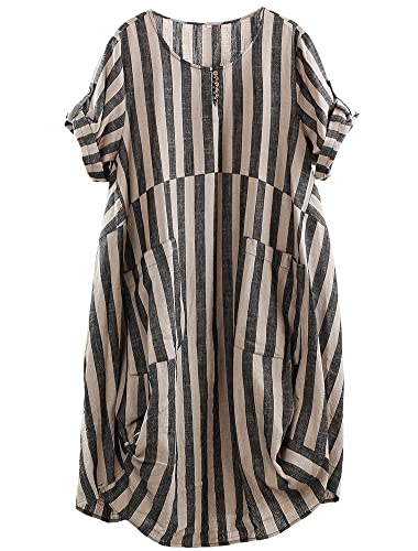 FTCayanz Damen Tunika Kleider Sommer Kurzarm Leinenkleider Boho Lang Sommerkleider Große Größen Schwarzer Streifen XXL von FTCayanz