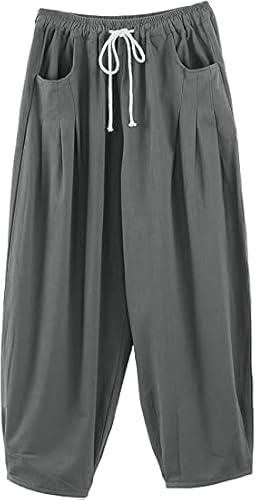 FTCayanz Damen Weite Baggy Haremshose Freizeithose Sommer Baumwolle Lockere Palazzo Hosen mit Taschen Grau XL von FTCayanz