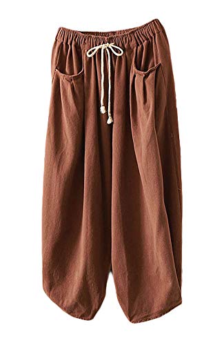 FTCayanz Damen Weite Baggy Haremshose Freizeithose Sommer Baumwolle Lockere Palazzo Hosen mit Taschen Orange 2XL von FTCayanz