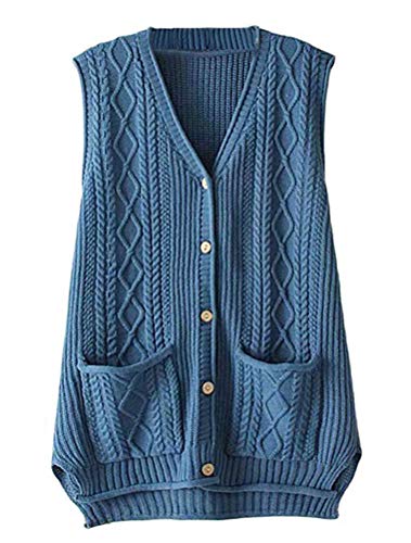 FTCayanz Damen Weste Ärmellose Strickjacke Cardigan V-Ausschnitt Knopf Strickweste mit Tasche Blau M von FTCayanz