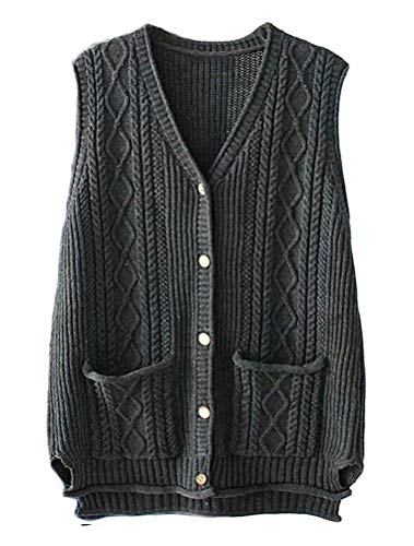 FTCayanz Damen Weste Ärmellose Strickjacke Cardigan V-Ausschnitt Knopf Strickweste mit Tasche Grau L von FTCayanz