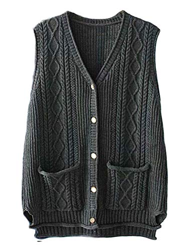 FTCayanz Damen Weste Ärmellose Strickjacke Cardigan V-Ausschnitt Knopf Strickweste mit Tasche Grau M von FTCayanz