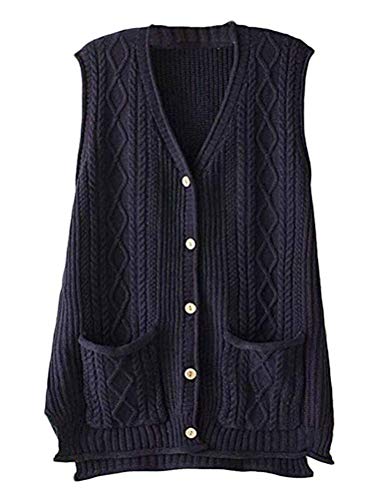 FTCayanz Damen Weste Ärmellose Strickjacke Cardigan V-Ausschnitt Knopf Strickweste mit Tasche Marine S von FTCayanz