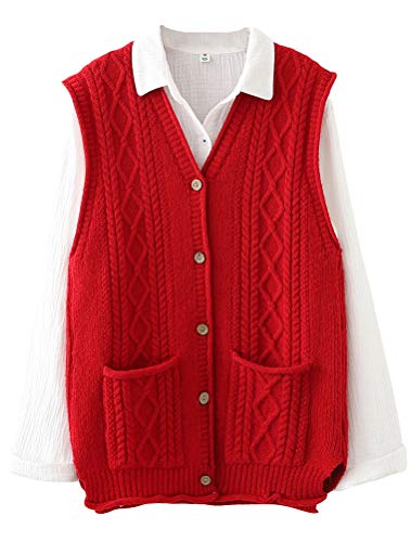 FTCayanz Damen Weste Ärmellose Strickjacke Cardigan V-Ausschnitt Knopf Strickweste mit Tasche Rot M von FTCayanz