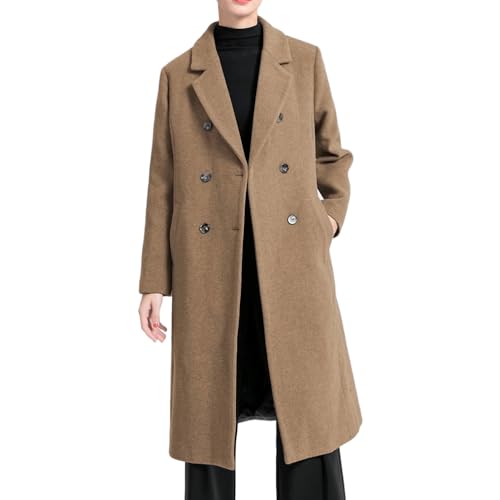 FTCayanz Damen Wintermantel Lang Wollmantel Trenchcoat Klassischer Zweireihiger Reversmantel Winterjacke Knie-Länge Braun XL von FTCayanz