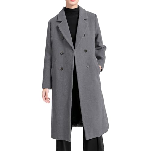 FTCayanz Damen Wintermantel Lang Wollmantel Trenchcoat Klassischer Zweireihiger Reversmantel Winterjacke Knie-Länge Grau L von FTCayanz