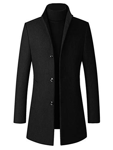 FTCayanz Herren Trenchcoat Wollmischung Slim Fit Top Coat Einreihig Business Overcoat - Schwarz - Large von FTCayanz