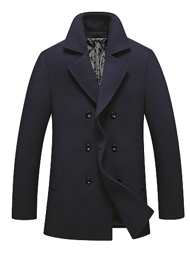 FTCayanz Herren Winter Pea Coat Slim Fit Trenchcoats Zweireiher Warme Wollmischung Mantel, Marineblau, M von FTCayanz
