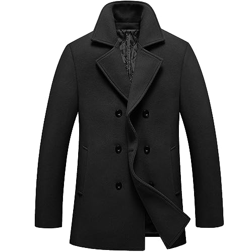 FTCayanz Herren Wintermantel Winter Mantel Warm Wollmantel Stehkragen Jacke Business Kurzmantel Herrenmantel Schwarz 2XL von FTCayanz