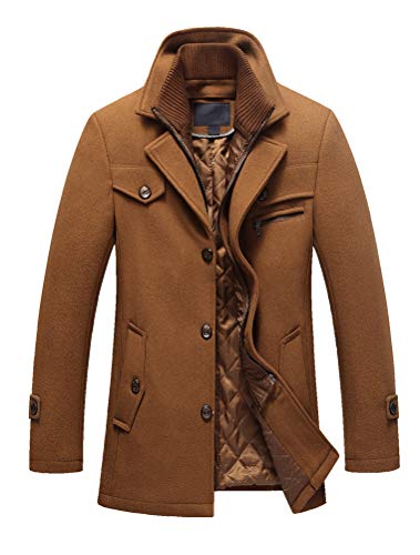 FTCayanz Herren Wollmantel Winter Slim Fit Erbsenmäntel Einreihig Gesteppt Gefüttert Trenchjacke, Braun, S von FTCayanz