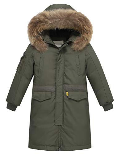 FTCayanz Kinder Daunenjacken Winterjacke mit Kapuze Lang Jacken für Jungen Mädchen Mäntel warm Wintermantel Armeegrün Körpergröße 140-150 von FTCayanz