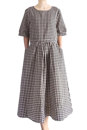 FTCayanz Sommerkleid Damen Lang Leinenkleid Kurzarm Rundhals Kariertes Midikleid A-Linie Casual Tunika Kleider Strandkleid mit Taschen Schwarz L von FTCayanz