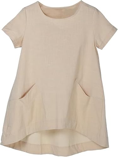 FTCayanz Tunika Damen Kurzarm Bluse Sommer Rundhals Elegant Leinen Oberteil Longbluse Longshirt Lässig Für Leggings Beige 3XL von FTCayanz