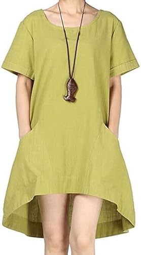 FTCayanz Tunika Damen Kurzarm Bluse Sommer Rundhals Elegant Leinen Oberteil Longbluse Longshirt Lässig Für Leggings Gelb Grün XL von FTCayanz