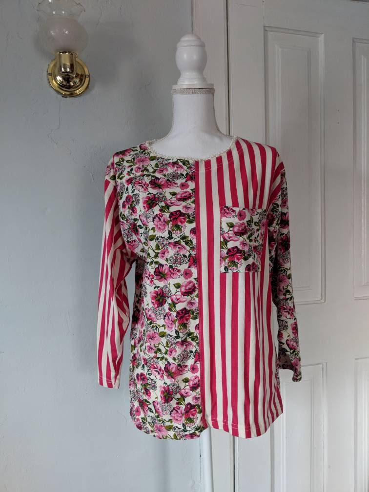 80Er/90Er Jahre Mixedprint Rosa Floral Gestreifte Tasche Top Größe Große Handgefertigt 80Er/90Er Jahre Mixedprint Rosa Floral Gestreifte Tasche Top Größe Große Handgefertigt von FTDinah