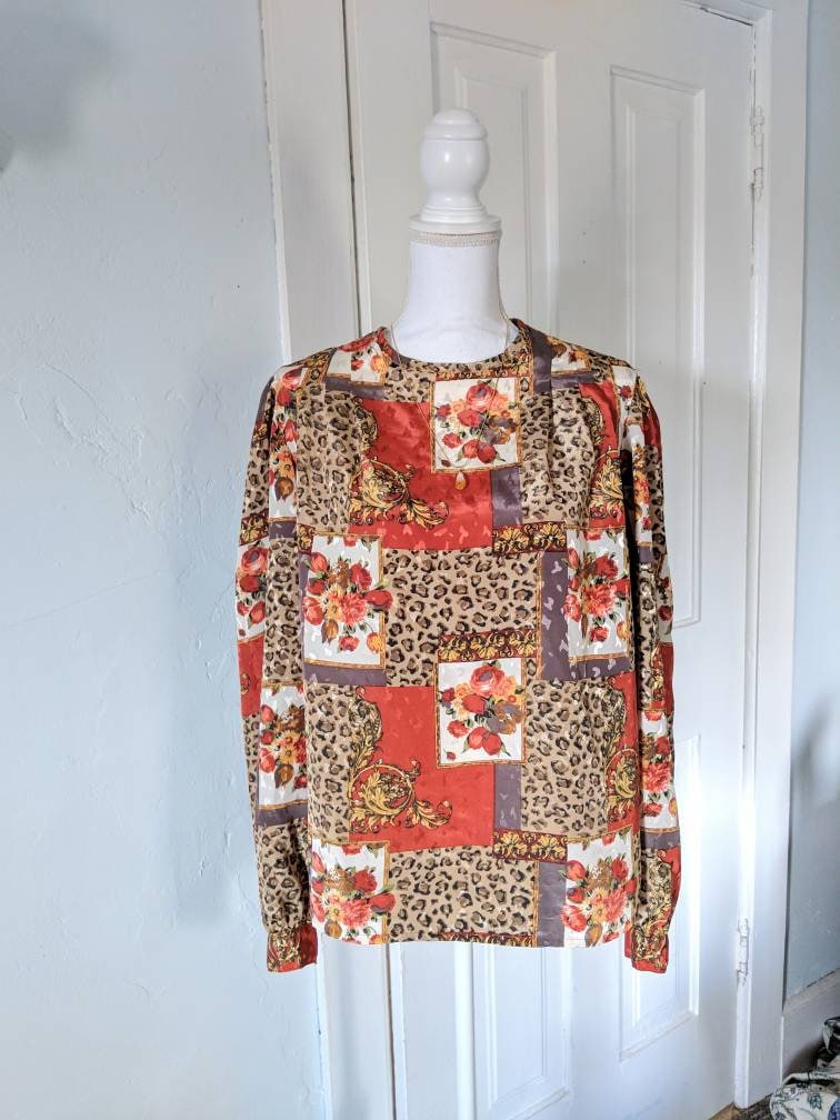 80Er Jahre Leopard Und Blumendruck Bluse Größe 12 Große Gebrannte Orange Tan von FTDinah
