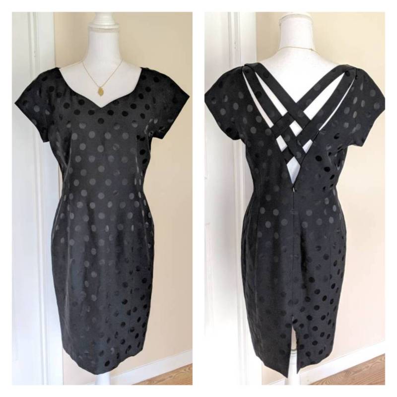 80S/90Er Black Polkadot Strappy Back Detail Dress Size 12 Short Sleeve von FTDinah