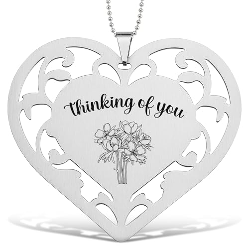 FGC440 Edelstahl-Herz-Ornament mit gravierter Botschaft "Thinking of You", Gedenkdekoration zum Aufhängen, mit Perlenkette, sentimentales Geschenk für geliebte Menschen, Dekoration für Zuhause und FGC440 Edelstahl-Herz-Ornament mit gravierter Botschaft "Thinking of You", Gedenkdekoration zum Aufhängen, mit Perlenkette, sentimentales Geschenk für geliebte Menschen, Dekoration für Zuhause und von FTONENI