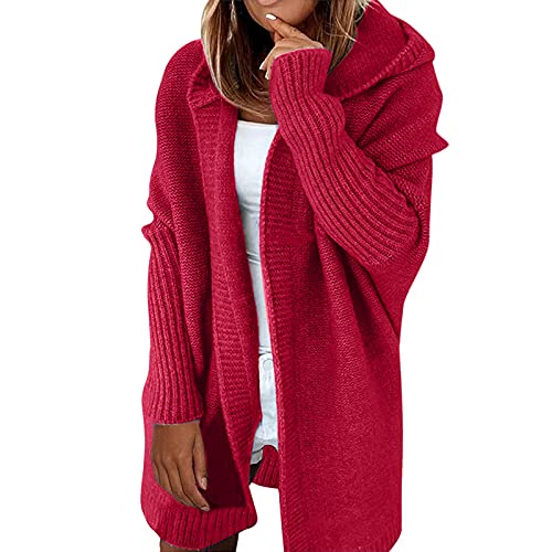 FTRGHNY Gestrickte Strickjacken für Damen mit Kapuze und Fledermausärmeln, solide klobige Strickjacke, rot, XL von FTRGHNY