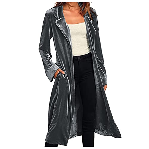 FTRGHNY Langer Samtmantel für Frauen Kerbe Revers Trenchcoat mit Taschen Damen Wintermantel Strickjacke, L, grau, 46 von FTRGHNY