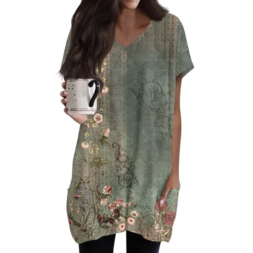 FTRGHNY Tunika Damen Sommer,Oversize Longbluse Lockere Kurzarm-V-Ausschnitt-Oberteil mit Taschen, Passend zu Leggings Lässiges Shirt FTRGHNY Tunika Damen Sommer,Oversize Longbluse Lockere Kurzarm-V-Ausschnitt-Oberteil mit Taschen, Passend zu Leggings Lässiges Shirt von FTRGHNY