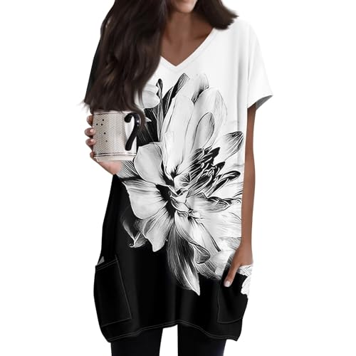 FTRGHNY Tunika Damen Sommer,Oversize Longbluse Lockere Kurzarm-V-Ausschnitt-Oberteil mit Taschen, Passend zu Leggings Lässiges Shirt von FTRGHNY