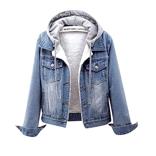 Fleece gefütterte Jeansjacke Wintermäntel Frauen Kordelzug Kapuze Winterjacken für Frauen, hellblau, 54 von FTRGHNY