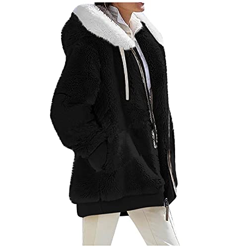 Fleecejacke für Damen, mit Kapuze, Reißverschluss, warm, Plüsch, mehrfarbig, Damen-Winterjacke, Mantel mit Taschen, A Schwarz, 46 von FTRGHNY