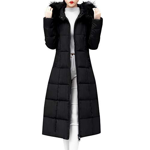 Langer Puffermantel für Damen, solider Wintermantel, Outwear mit großer Kunstfellkapuze, Schwarz , 52 von FTRGHNY