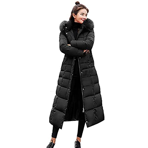 Maxi-Wintermäntel für Damen, mit Gürtel, solide, langer Puffermantel mit Kunstpelz, große Kapuze, Schwarz , 48 von FTRGHNY