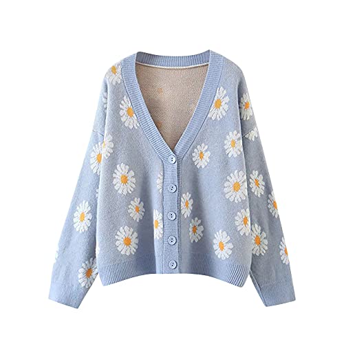 Y2K Strickpullover Jacken für Frauen V Ausschnitt Frische Blumen Knöpfe Kurz Strickcardigan, blau, 38 von FTRGHNY