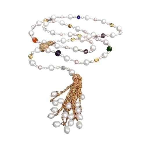 FTTAODFY Natürliche kultivierte weiße Perle, lange, mehrfarbige Kristall-Quasten, Pullover-Kette, Halskette, 104 cm, Damen-Strang-Geschenke von FTTAODFY