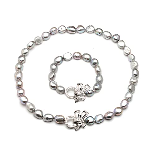 FTTAODFY Schöne echte natürliche barocke Halsketten-Armband-Sets Schmuck Damen, 10-11 mm große Süßwasserperlen-Sets erfüllen (Color : Grey Pearl Set) von FTTAODFY