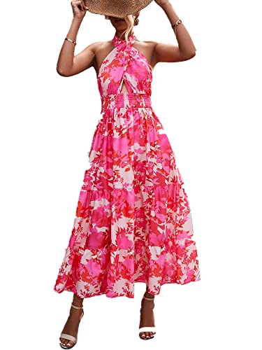 FTUOWANG Damen Sommer Crossover Neckholder Ärmellos Casual Bedruckt Ausschnitt Rückenfrei Flowy A-Linie Maxikleid, Rosarot, XL FTUOWANG Damen Sommer Crossover Neckholder Ärmellos Casual Bedruckt Ausschnitt Rückenfrei Flowy A-Linie Maxikleid, Rosarot, XL von FTUOWANG