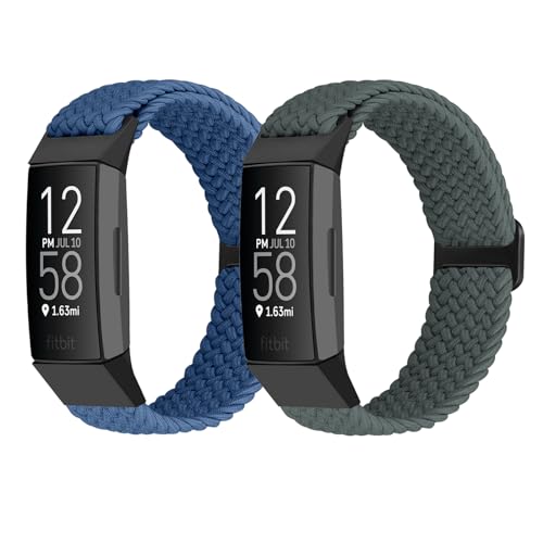 FTYQUEE Geflochtene, dehnbare, verstellbare Riemen, kompatibel mit Fitbit Charge 3 und Fitbit Charge 4, für Damen und Herren, sportliches elastisches Nylon-Armband für Charge 4/Charge 3/3SE (Blau + von FTYQUEE