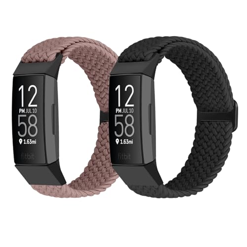 FTYQUEE Geflochtene, dehnbare, verstellbare Riemen, kompatibel mit Fitbit Charge 3 und Fitbit Charge 4, für Damen und Herren, sportliches elastisches Nylon-Armband für Charge 4/Charge 3/3SE (schwarz + von FTYQUEE