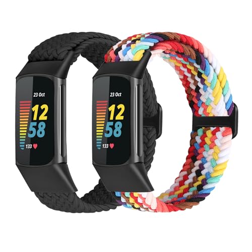 FTYQUEE Geflochtene, dehnbare, verstellbare Riemen, kompatibel mit Fitbit Charge 5, für Männer und Frauen, Sport-Armband aus elastischem Nylongewebe für Charge 5 (schwarz + Farbe) von FTYQUEE